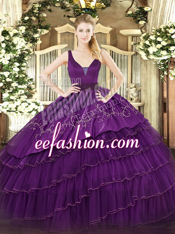  Ball Gowns Quince Ball Gowns Purple Straps Organza and Taffeta Sleeveless Floor Length Zipper
