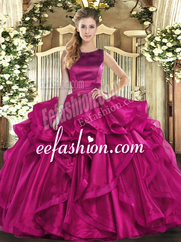 High Quality Floor Length Ball Gowns Sleeveless Fuchsia Quince Ball Gowns Lace Up