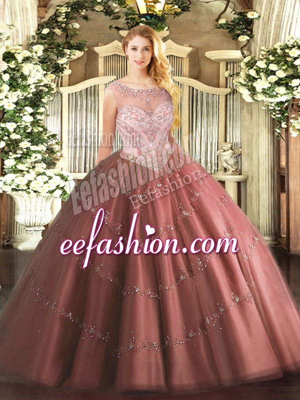 High Quality Tulle Scoop Sleeveless Zipper Beading and Appliques Quinceanera Dresses in Brown