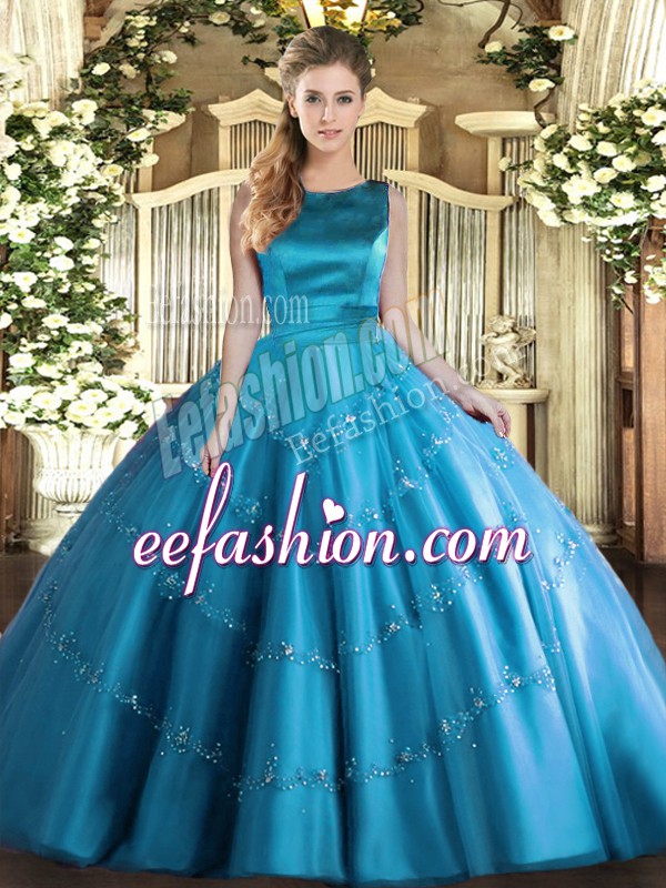  Aqua Blue Sleeveless Appliques Floor Length Sweet 16 Dress