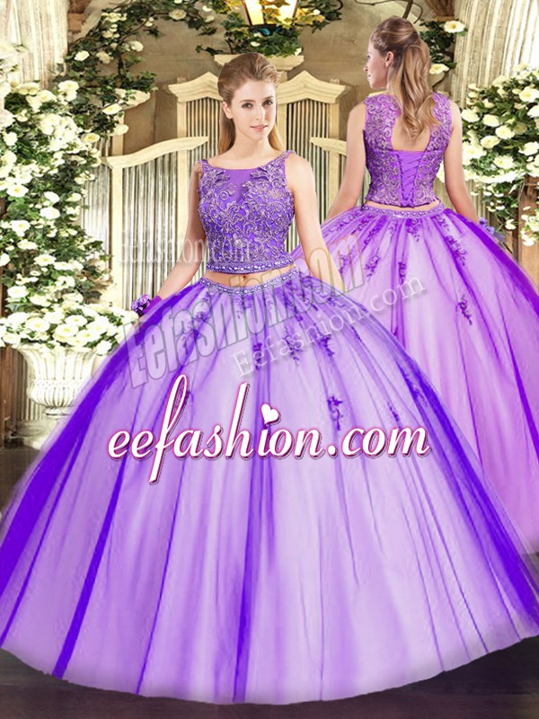 Noble Lavender Quince Ball Gowns Military Ball and Sweet 16 and Quinceanera with Beading and Appliques Scoop Sleeveless Lace Up