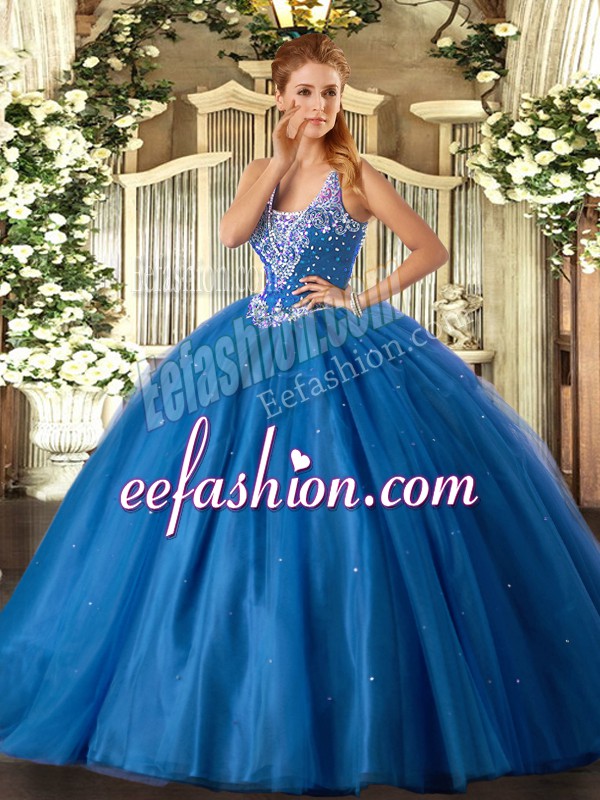  Blue Straps Neckline Beading Ball Gown Prom Dress Sleeveless Lace Up