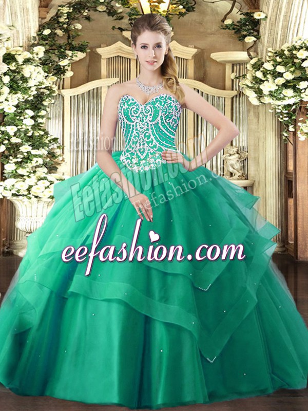  Turquoise Tulle Lace Up Sweetheart Sleeveless Floor Length Sweet 16 Dresses Beading and Ruffled Layers
