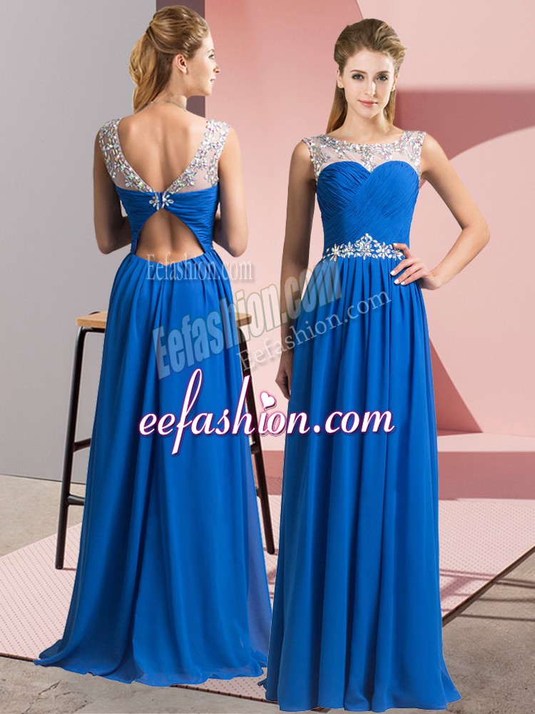 Elegant Blue Empire Chiffon Scoop Sleeveless Beading Floor Length Clasp Handle Prom Dress