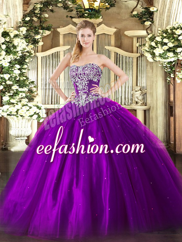  Purple Vestidos de Quinceanera Military Ball and Sweet 16 and Quinceanera with Beading Strapless Sleeveless Lace Up