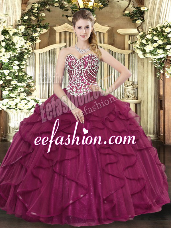 Fabulous Burgundy Ball Gowns Beading and Ruffles 15 Quinceanera Dress Lace Up Tulle Sleeveless Floor Length