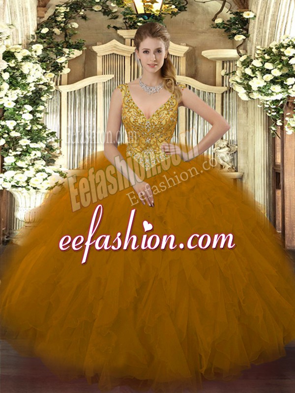 Stunning Sleeveless Tulle Floor Length Zipper Quince Ball Gowns in Brown with Beading and Ruffles
