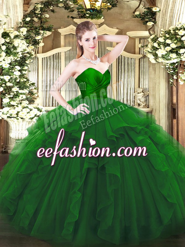 Flare Green Ball Gowns Sweetheart Sleeveless Tulle Floor Length Zipper Ruffles Sweet 16 Dress