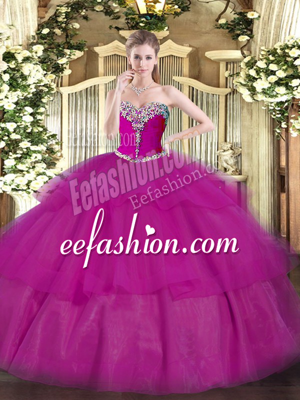 Best Selling Fuchsia Ball Gowns Tulle Sweetheart Sleeveless Beading and Ruffled Layers Floor Length Lace Up Sweet 16 Dress