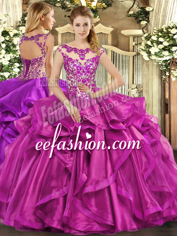 Noble Fuchsia Scoop Neckline Beading and Appliques and Ruffles Sweet 16 Dress Sleeveless Lace Up