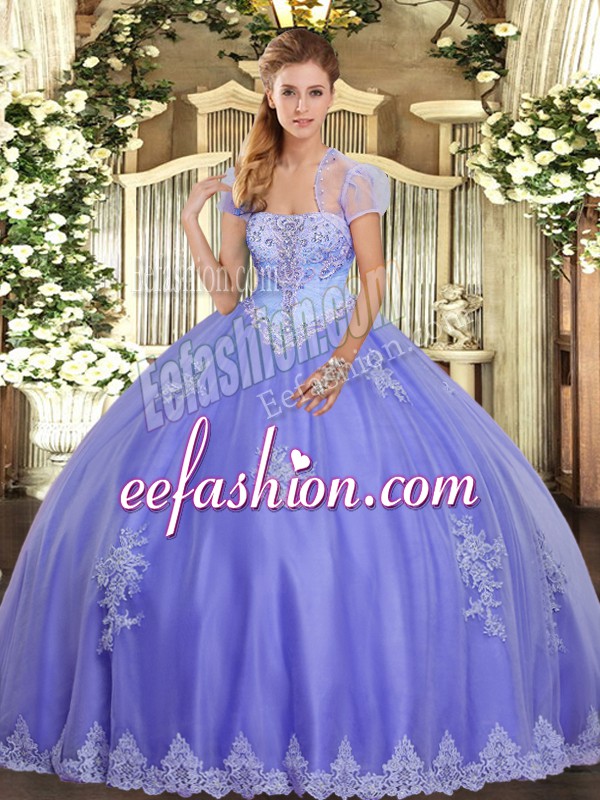  Lavender Ball Gowns Tulle Strapless Sleeveless Appliques Floor Length Lace Up Ball Gown Prom Dress