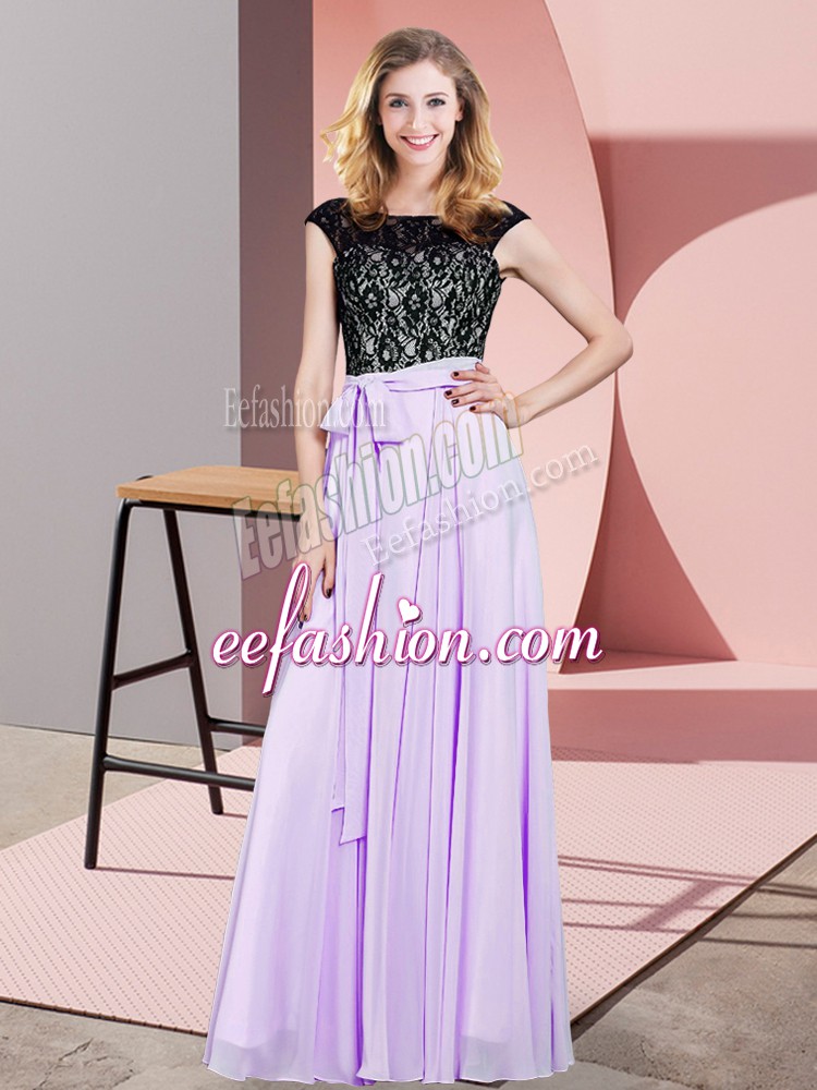  Lavender Empire Chiffon Scoop Sleeveless Lace and Belt Floor Length Lace Up Prom Evening Gown