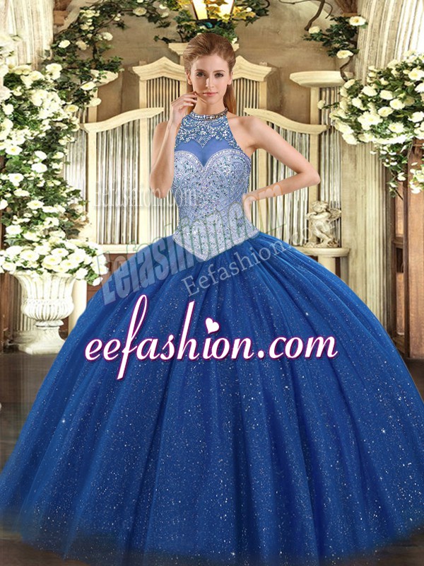  Royal Blue Lace Up Halter Top Beading Vestidos de Quinceanera Tulle Sleeveless