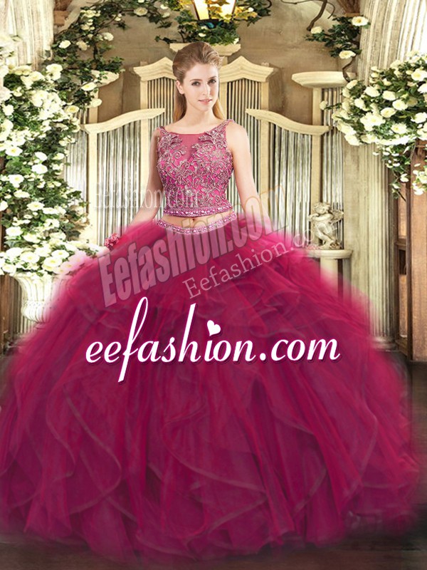 Latest Fuchsia Tulle Lace Up Quinceanera Dresses Sleeveless Floor Length Beading and Ruffles