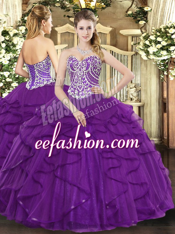 New Style Purple Sweetheart Neckline Beading and Ruffles Sweet 16 Quinceanera Dress Sleeveless Lace Up