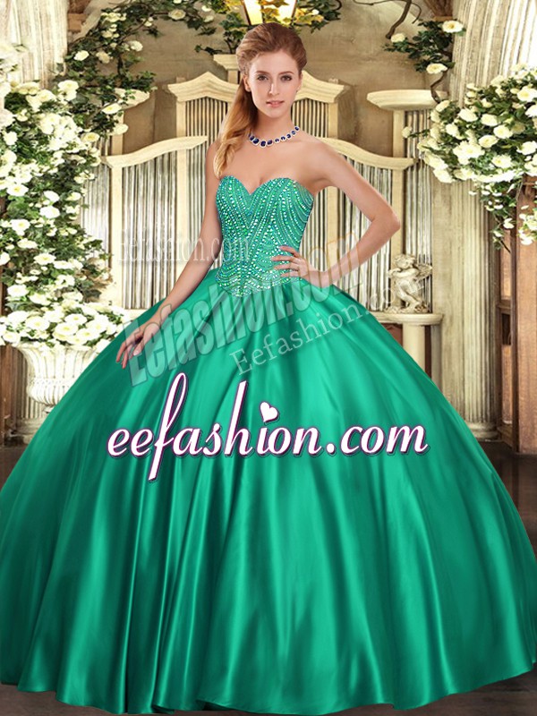  Turquoise Satin Lace Up Sweet 16 Dresses Sleeveless Floor Length Beading
