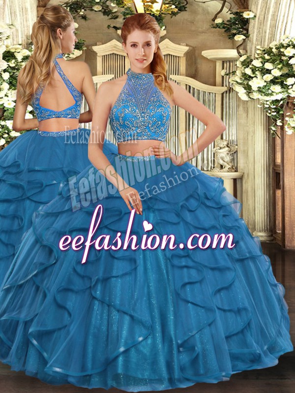 Fashion Floor Length Criss Cross Vestidos de Quinceanera Teal for Military Ball and Sweet 16 and Quinceanera with Beading and Ruffled Layers