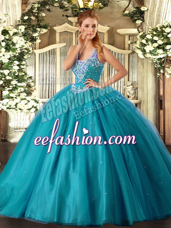 Noble Floor Length Teal 15 Quinceanera Dress Straps Sleeveless Lace Up