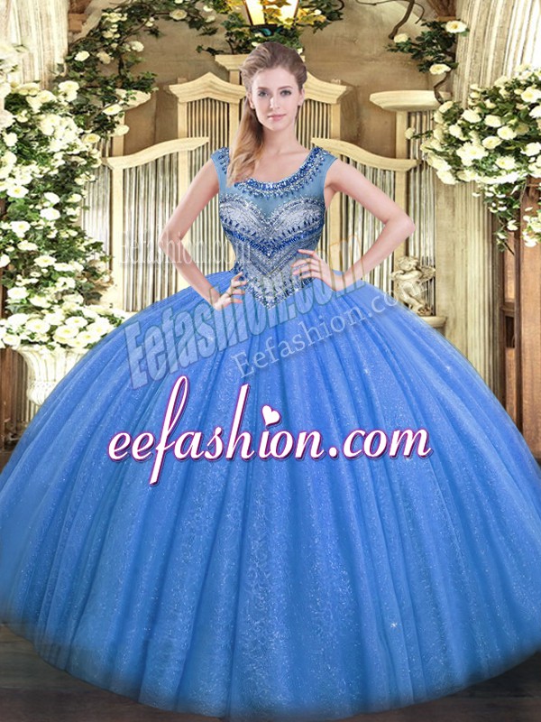  Scoop Sleeveless Lace Up Quinceanera Dress Blue Tulle
