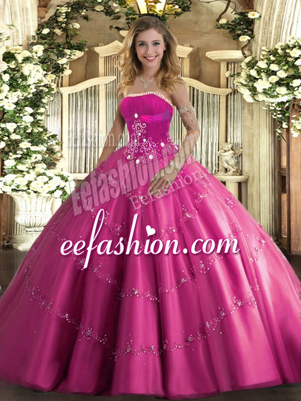 Noble Hot Pink Sleeveless Beading and Appliques Floor Length Quinceanera Gown