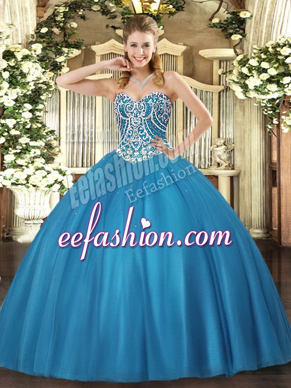 Stylish Baby Blue Tulle Lace Up Quince Ball Gowns Sleeveless Floor Length Beading