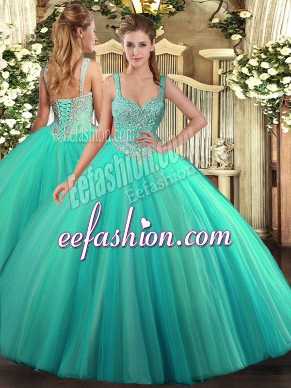  Turquoise Lace Up Quinceanera Dress Beading Sleeveless Floor Length