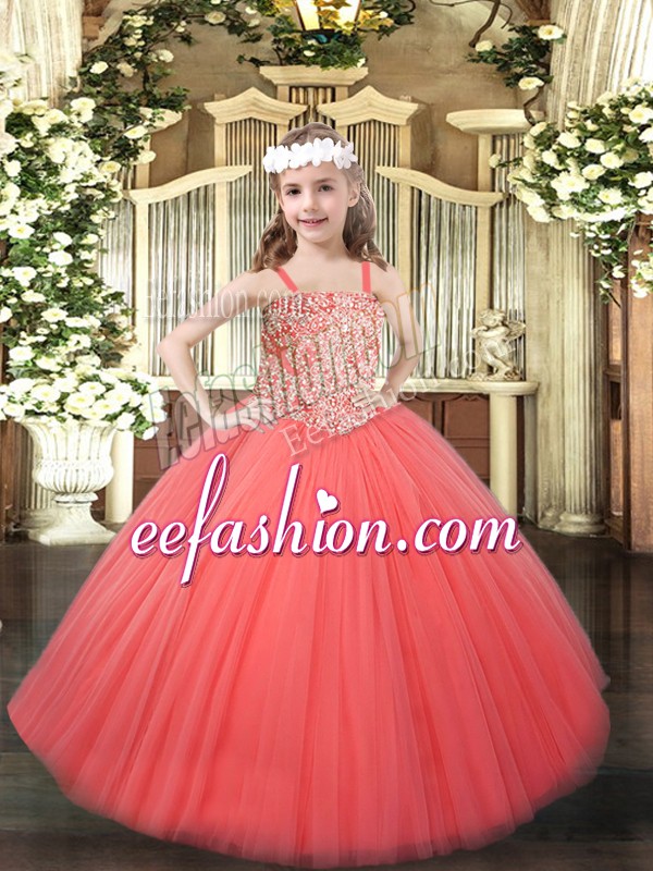  Floor Length Coral Red Little Girl Pageant Gowns Tulle Sleeveless Beading