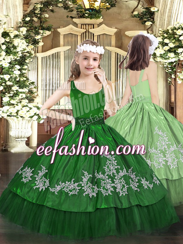  Dark Green Taffeta Zipper Scoop Sleeveless Floor Length Pageant Dress for Teens Beading and Appliques
