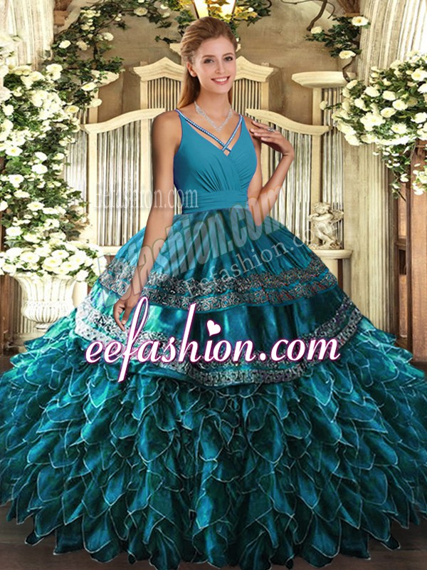 Romantic Blue Organza Side Zipper V-neck Sleeveless Floor Length Sweet 16 Quinceanera Dress Beading and Appliques and Ruffles