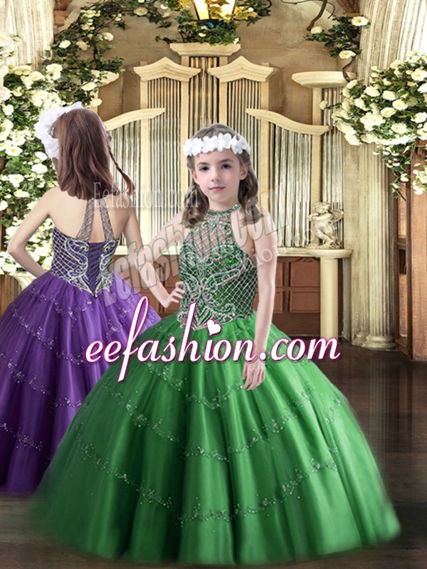  Beading Winning Pageant Gowns Green Lace Up Sleeveless Floor Length