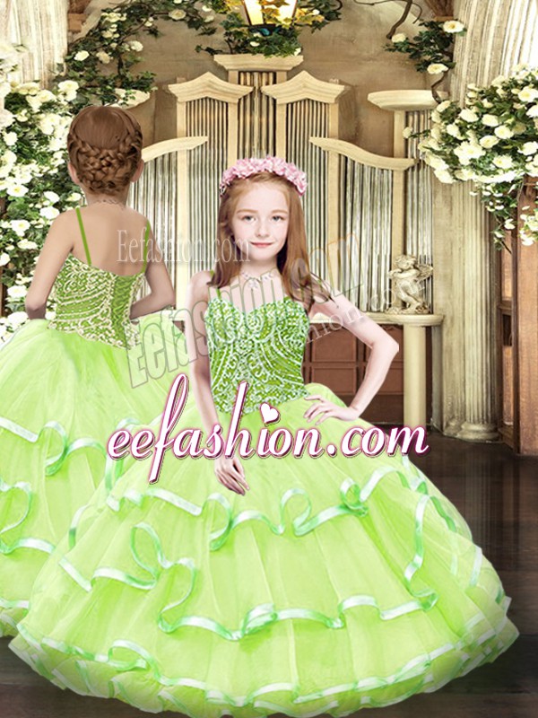  Yellow Green Organza Lace Up Straps Sleeveless Floor Length Pageant Dress Wholesale Beading and Ruffled Layers