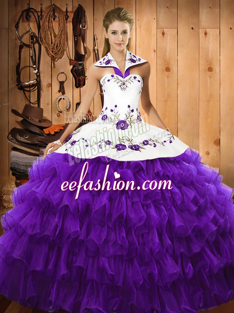  Purple Lace Up Halter Top Embroidery and Ruffled Layers Quince Ball Gowns Organza Sleeveless