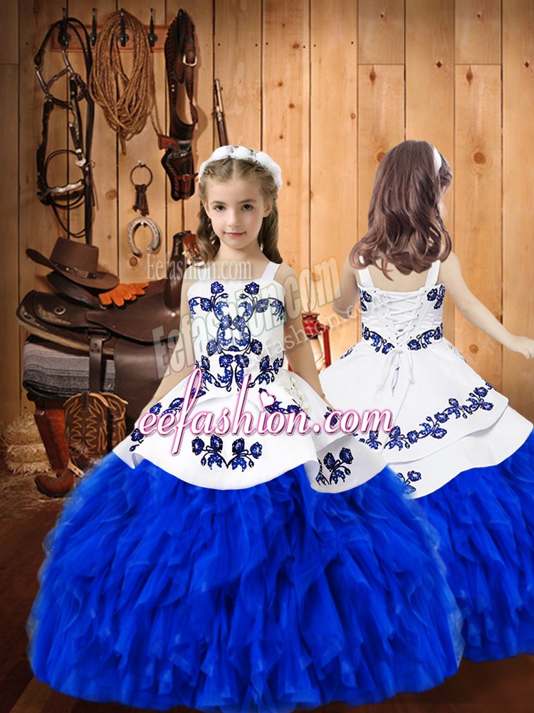  Royal Blue Little Girl Pageant Dress Sweet 16 and Quinceanera with Embroidery and Ruffles Straps Sleeveless Lace Up