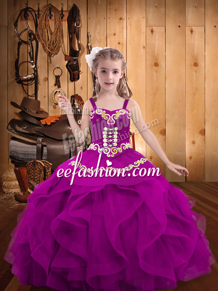  Fuchsia Organza Lace Up Kids Formal Wear Sleeveless Floor Length Embroidery and Ruffles
