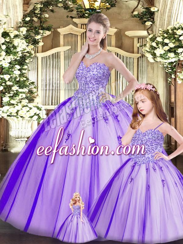  Sleeveless Tulle Floor Length Lace Up 15 Quinceanera Dress in Purple with Beading