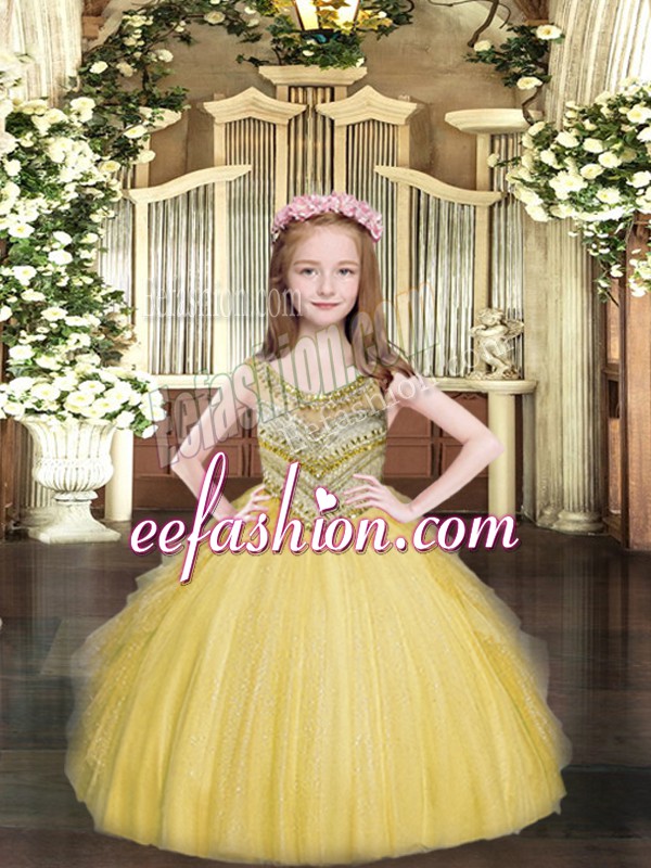 Gorgeous Gold Scoop Lace Up Beading and Ruffles Little Girls Pageant Gowns Sleeveless