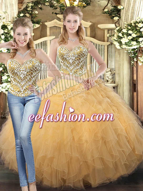 Custom Fit Floor Length Lace Up Vestidos de Quinceanera Gold for Military Ball and Sweet 16 and Quinceanera with Beading and Ruffles
