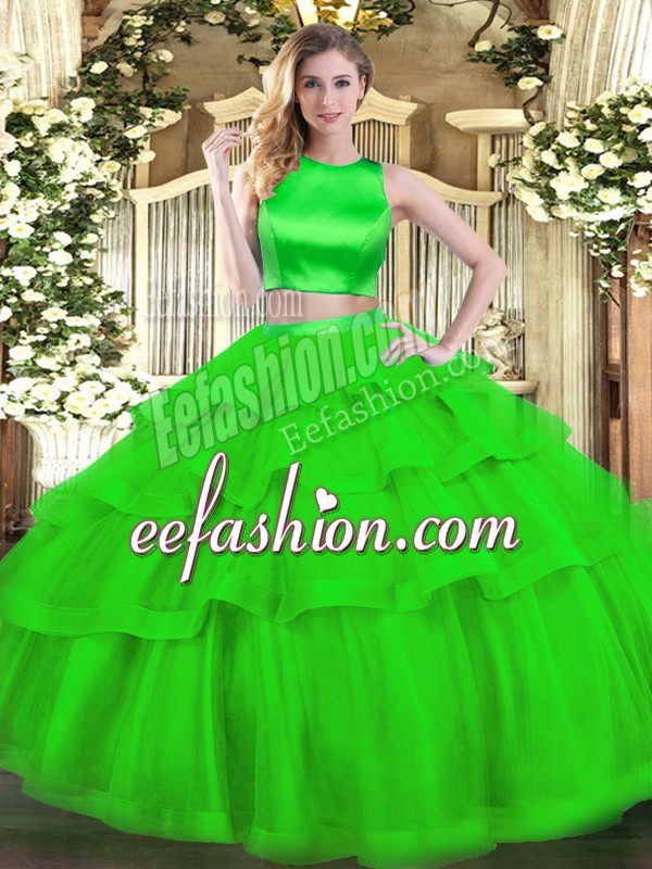 Simple Green Sleeveless Tulle Criss Cross Sweet 16 Quinceanera Dress for Military Ball and Sweet 16 and Quinceanera