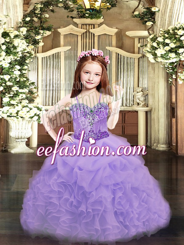  Lavender Spaghetti Straps Lace Up Beading and Ruffles and Pick Ups Winning Pageant Gowns Sleeveless