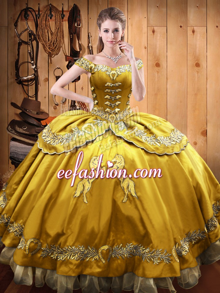  Ball Gowns Sweet 16 Quinceanera Dress Gold Off The Shoulder Satin and Organza Sleeveless Floor Length Lace Up