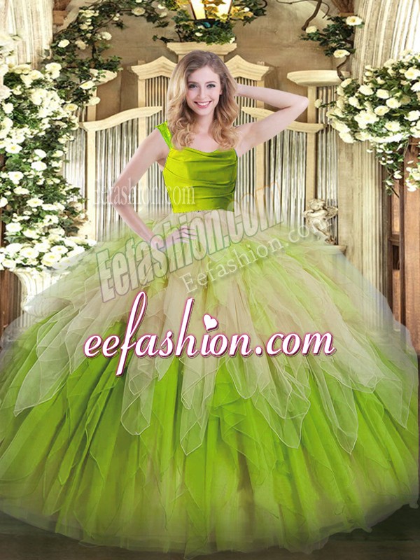 Attractive Ball Gowns Sweet 16 Dresses Yellow Green Straps Organza Sleeveless Floor Length Zipper