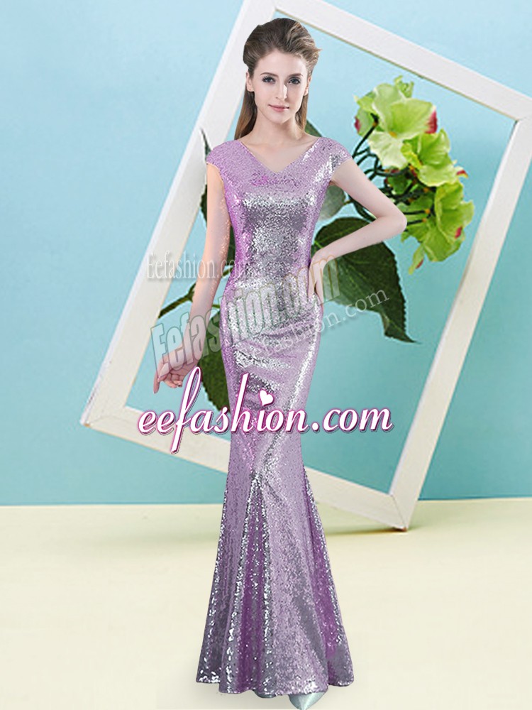 Glittering Lilac Cap Sleeves Sequined Zipper Prom Gown for Prom and Party