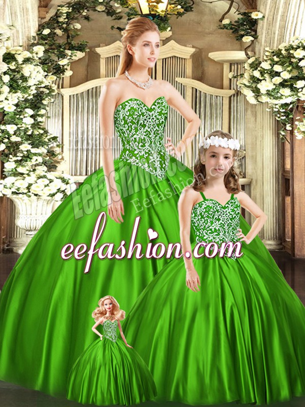  Green Quinceanera Dress Military Ball and Sweet 16 and Quinceanera with Beading Sweetheart Sleeveless Lace Up