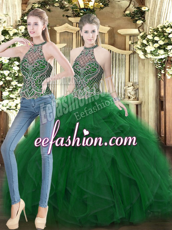  High-neck Sleeveless Lace Up Vestidos de Quinceanera Dark Green Organza