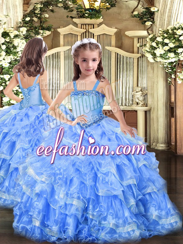  Baby Blue Straps Neckline Appliques and Ruffled Layers Pageant Gowns For Girls Sleeveless Lace Up