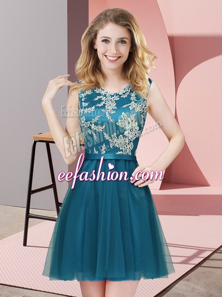  Teal A-line Tulle Scoop Sleeveless Lace Mini Length Side Zipper Quinceanera Court Dresses