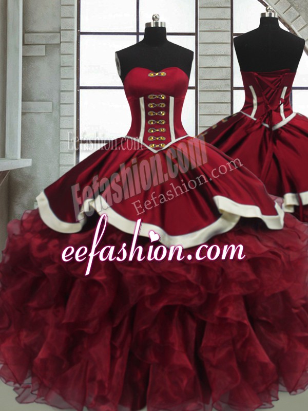  Red Sleeveless Organza Lace Up Quince Ball Gowns for Sweet 16 and Quinceanera