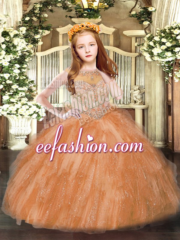  Scoop Sleeveless Tulle Girls Pageant Dresses Beading and Ruffles Zipper