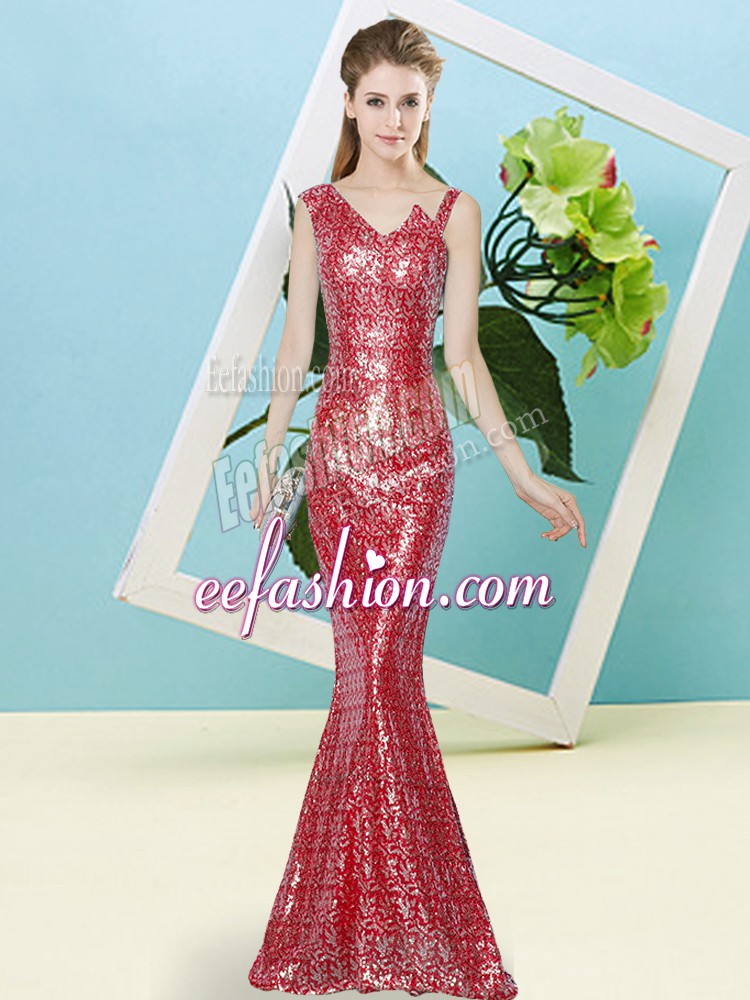 Delicate Red Mermaid Asymmetric Sleeveless Sequined Floor Length Zipper Sequins Prom Evening Gown
