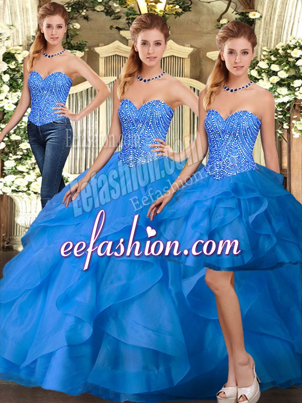 Extravagant Blue Quinceanera Gown Military Ball and Sweet 16 and Quinceanera with Beading and Ruffles Sweetheart Sleeveless Lace Up